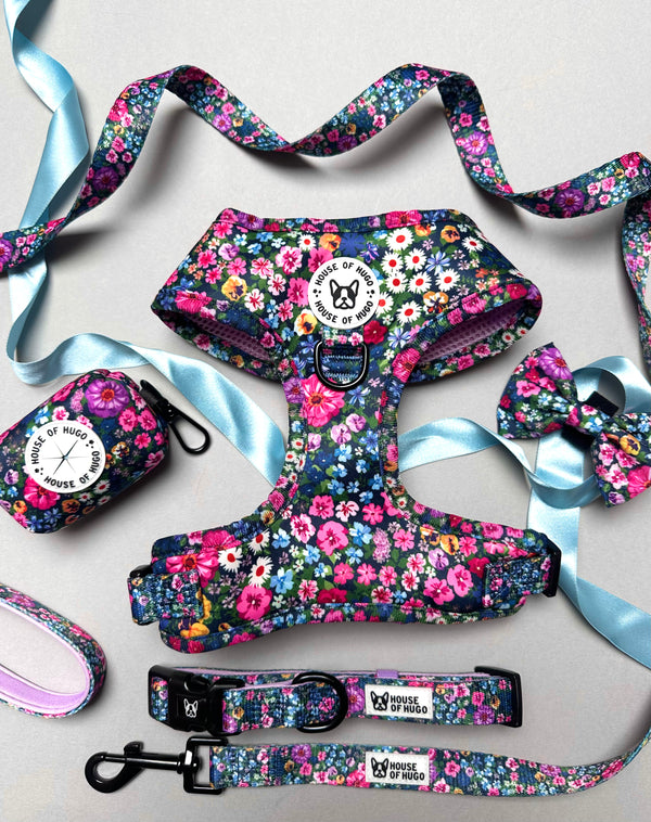 Bundle - Candy Floral harness, collar, waste bag, lead, bow tie set